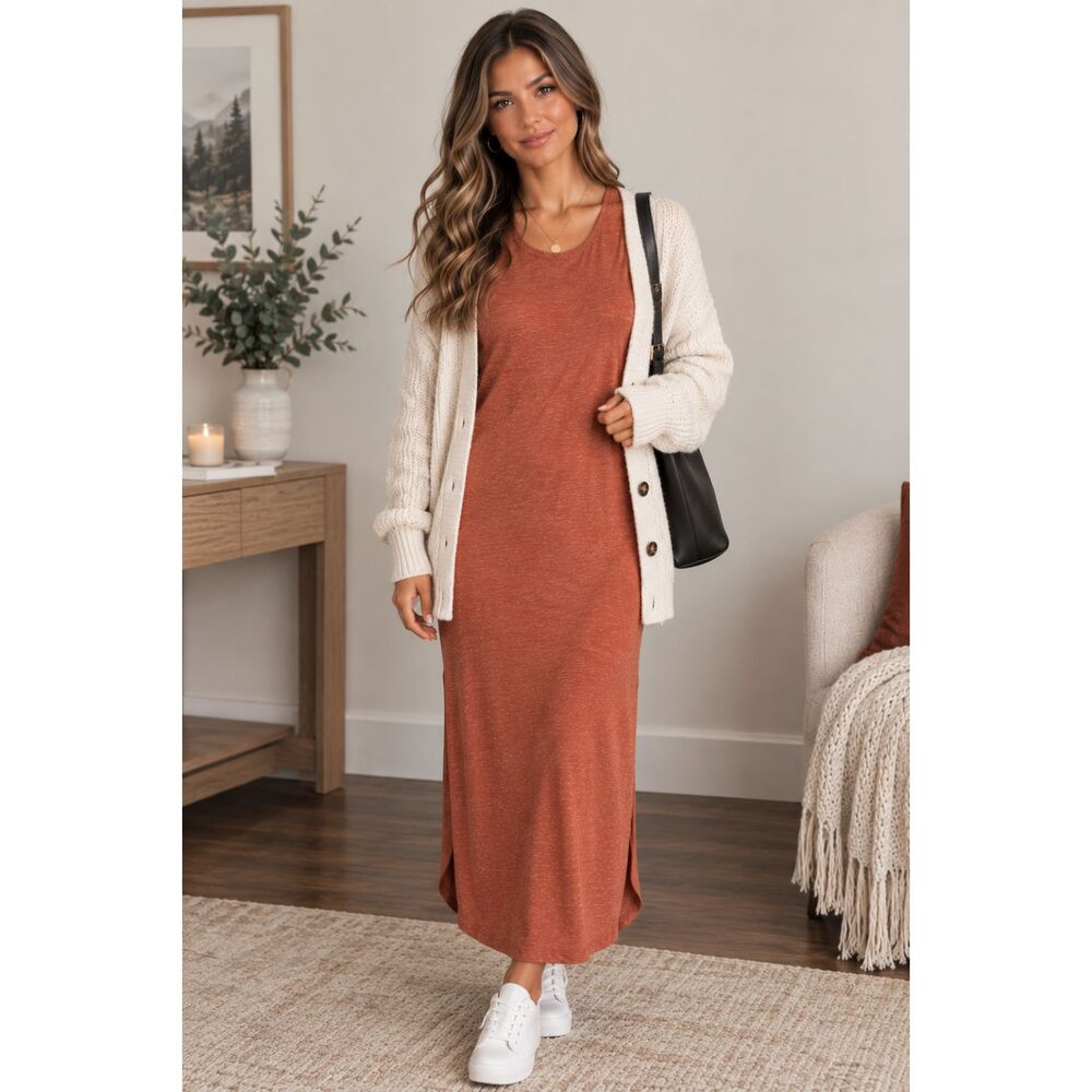 NWT Medium M Rust Orange Maxi Dress Sleeveless Midi Casual Lounge
